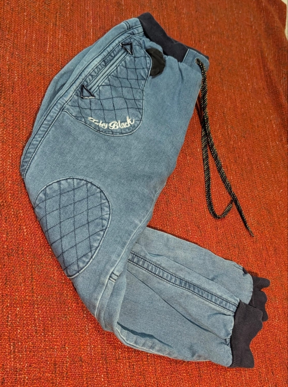 Toby Black Y2K Denim Joggers Quilted Knee Patch Streetwear Drawstring Pants